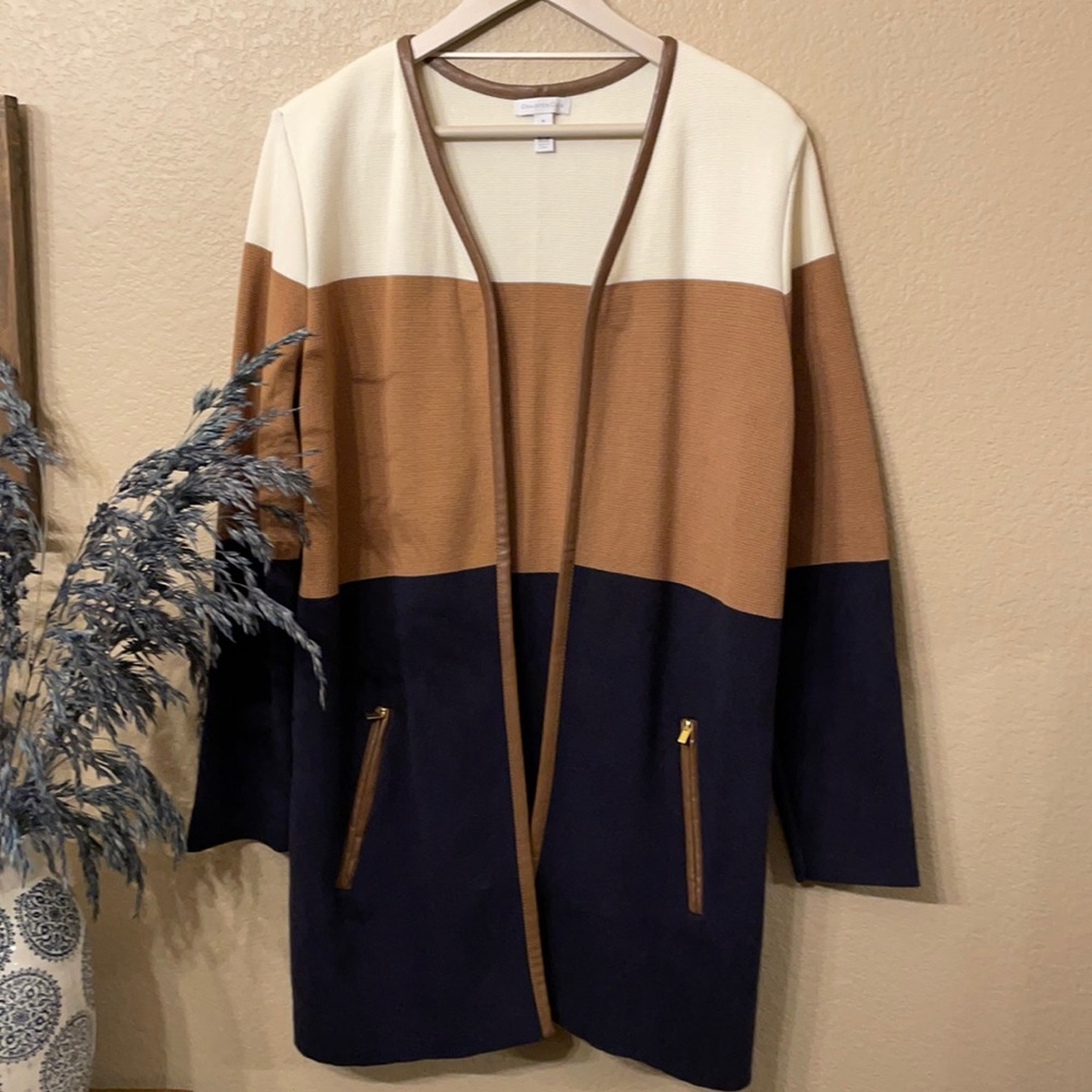 Charter Club Colorblock Faux Leather Trim Coatigan